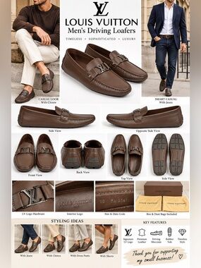 Louis Vuitton Men’s Brown Leather LV Logo Driving Loafers Moccasins Size 10